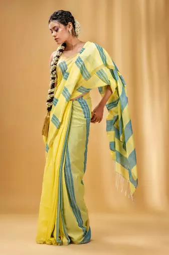 Yellow And Teal Cotton Handwoven Soft Saree With Stripe Pattern
