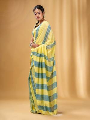 Yellow And Teal Cotton Handwoven Soft Saree With Stripe Pattern 3