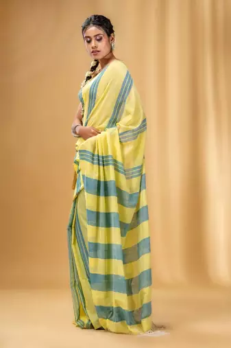 Yellow And Teal Cotton Handwoven Soft Saree With Stripe Pattern