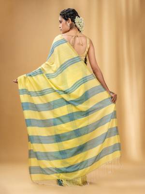 Yellow And Teal Cotton Handwoven Soft Saree With Stripe Pattern 4