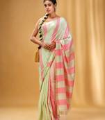 Light Green And Pink Cotton Handwoven Soft Saree With Stripe Pattern