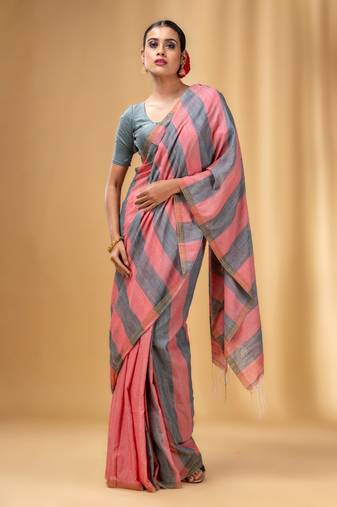 Red And Grey Cotton Handwoven Half N Half Soft Saree