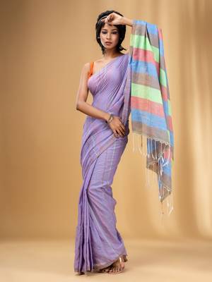 Violet Cotton Handwoven Soft Saree With Stripe Pattern 1