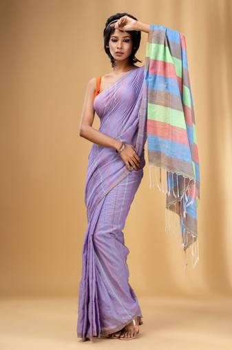 Violet Cotton Handwoven Soft Saree With Stripe Pattern