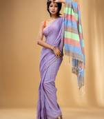 Violet Cotton Handwoven Soft Saree With Stripe Pattern