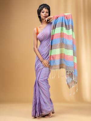 Violet Cotton Handwoven Soft Saree With Stripe Pattern 2
