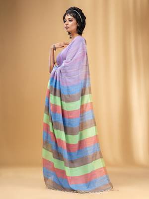 Violet Cotton Handwoven Soft Saree With Stripe Pattern 3