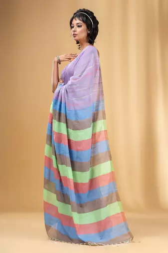 Violet Cotton Handwoven Soft Saree With Stripe Pattern