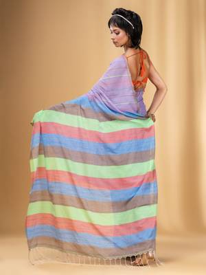 Violet Cotton Handwoven Soft Saree With Stripe Pattern 4