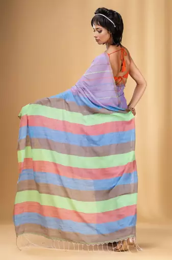 Violet Cotton Handwoven Soft Saree With Stripe Pattern