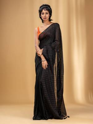 Black Cotton Handwoven Soft Saree With Sequin Work 1