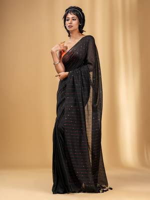 Black Cotton Handwoven Soft Saree With Sequin Work 2