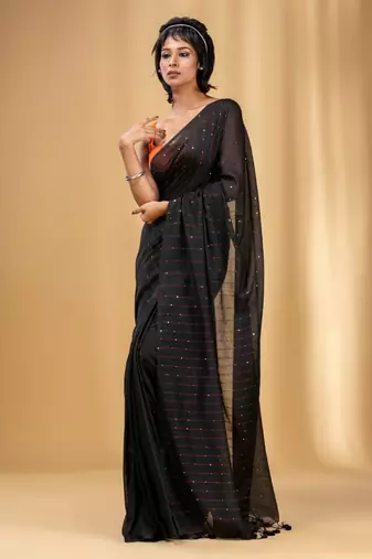Black Cotton Handwoven Soft Saree With Sequin Work