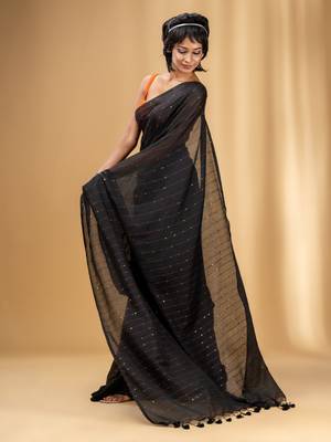 Black Cotton Handwoven Soft Saree With Sequin Work 3