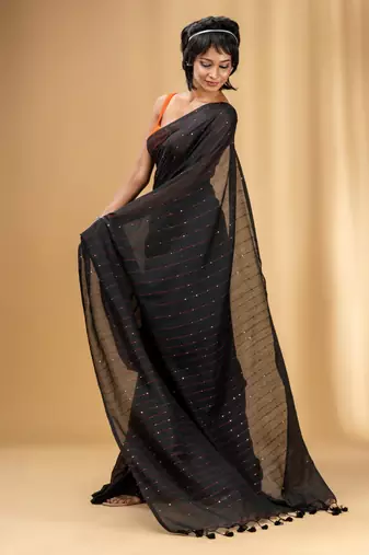 Black Cotton Handwoven Soft Saree With Sequin Work