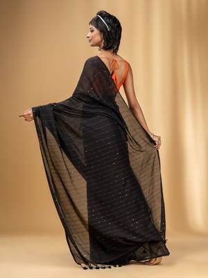Black Cotton Handwoven Soft Saree With Sequin Work 4