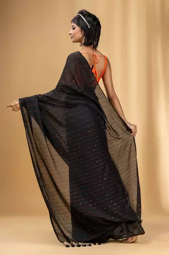 Black Cotton Handwoven Soft Saree With Sequin Work