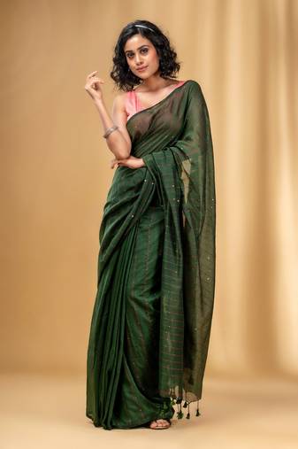 Green Cotton Handwoven Soft Saree With Sequin Work