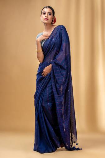 Navy Blue Cotton Handwoven Soft Saree With Sequin Work