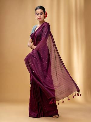 Purple Cotton Handwoven Soft Saree With Sequin Work 3