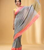 Allover Sequin Weaving Grey Cotton Handwoven Saree With Gheecha Pallu