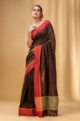 Allover Sequin Weaving Brown Cotton Handwoven Saree With Gheecha Pallu