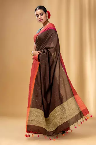 Allover Sequin Weaving Brown Cotton Handwoven Saree With Gheecha Pallu
