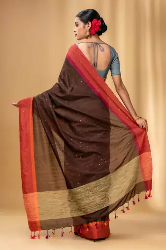 Allover Sequin Weaving Brown Cotton Handwoven Saree With Gheecha Pallu