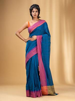 Allover Sequin Weaving Cobalt Blue Cotton Handwoven Saree With Gheecha Pallu 1