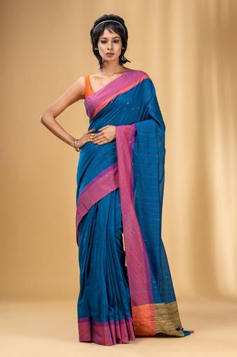 Allover Sequin Weaving Cobalt Blue Cotton Handwoven Saree With Gheecha Pallu