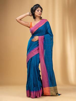 Allover Sequin Weaving Cobalt Blue Cotton Handwoven Saree With Gheecha Pallu 2