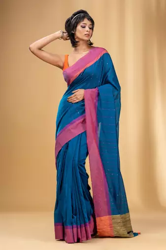 Allover Sequin Weaving Cobalt Blue Cotton Handwoven Saree With Gheecha Pallu