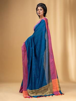 Allover Sequin Weaving Cobalt Blue Cotton Handwoven Saree With Gheecha Pallu 3