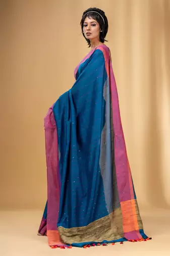 Allover Sequin Weaving Cobalt Blue Cotton Handwoven Saree With Gheecha Pallu