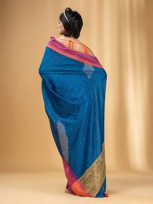 Allover Sequin Weaving Cobalt Blue Cotton Handwoven Saree With Gheecha Pallu 4