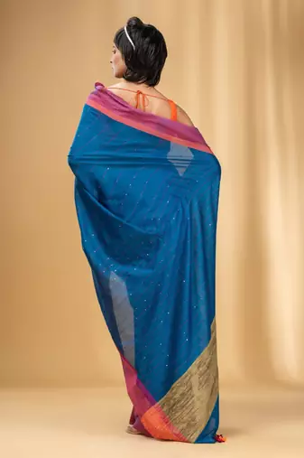 Allover Sequin Weaving Cobalt Blue Cotton Handwoven Saree With Gheecha Pallu