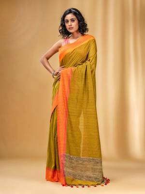 Allover Sequin Weaving Mustard Cotton Handwoven Saree With Gheecha Pallu 1