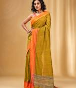Allover Sequin Weaving Mustard Cotton Handwoven Saree With Gheecha Pallu