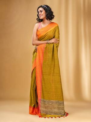 Allover Sequin Weaving Mustard Cotton Handwoven Saree With Gheecha Pallu 2