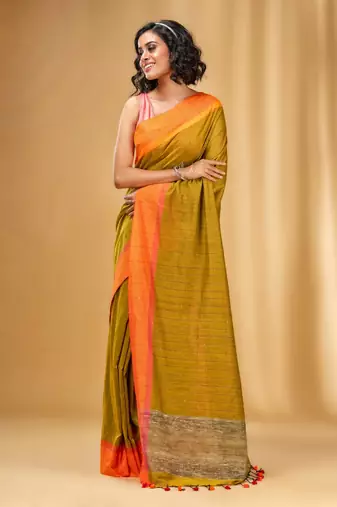 Allover Sequin Weaving Mustard Cotton Handwoven Saree With Gheecha Pallu