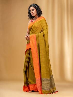 Allover Sequin Weaving Mustard Cotton Handwoven Saree With Gheecha Pallu 3