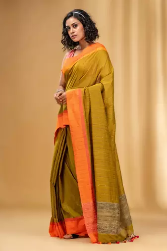 Allover Sequin Weaving Mustard Cotton Handwoven Saree With Gheecha Pallu