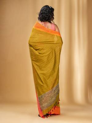 Allover Sequin Weaving Mustard Cotton Handwoven Saree With Gheecha Pallu 4