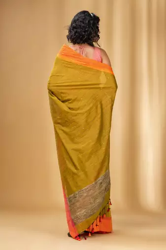 Allover Sequin Weaving Mustard Cotton Handwoven Saree With Gheecha Pallu