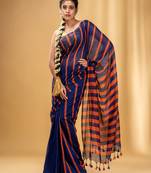 Blue And Orange Cotton Handwoven Soft Saree With Stripe Pattern