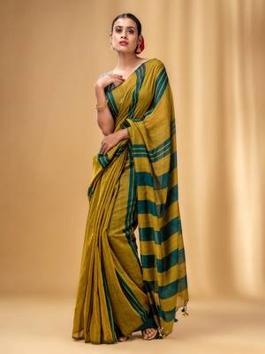 Mustard And Teal Cotton Handwoven Soft Saree With Stripe Pattern 1