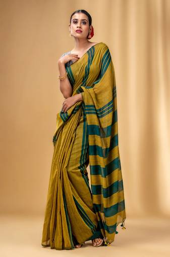 Mustard And Teal Cotton Handwoven Soft Saree With Stripe Pattern