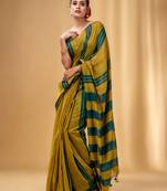 Mustard And Teal Cotton Handwoven Soft Saree With Stripe Pattern