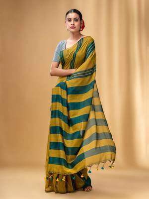 Mustard And Teal Cotton Handwoven Soft Saree With Stripe Pattern 2