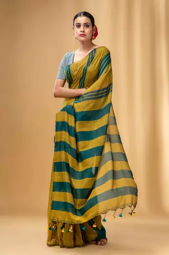 Mustard And Teal Cotton Handwoven Soft Saree With Stripe Pattern